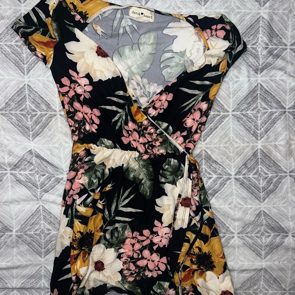 Derek Heart Floral Wrap Dress - Black, Pink, Yellow